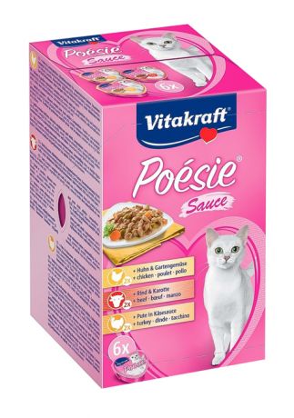 Vitakraft Poesie набор ламистеров для взрослых кошек с курицей, говядиной и индейкой в сырном соусе 6 шт х 85 гр (1 шт)