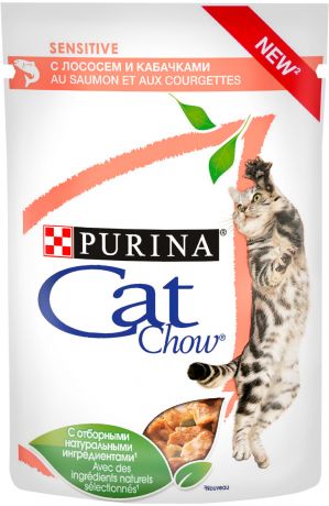 Cat Chow Sensitive для взрослых кошек с чувствительным пищеварением с лососем и кабачками в соусе 85 гр (85 гр х 24 шт)