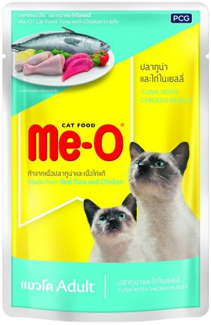 Me-o Cat Adult для взрослых кошек с тунцом, курицей и рисом в желе 80 гр (80 гр х 12 шт)