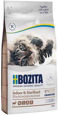 Bozita Indoor & Sterilised Grain Free Reindeer беззерновой для взрослых кастрированных и стерилизованных котов и кошек живущих дома с оленем (10 кг)