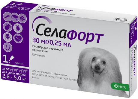 селафорт капли для собак весом от 2,6 до 5 кг против внутренних и внешних паразитов 30 мг (фиолетовый колпачок) Krka (1 пипетка)