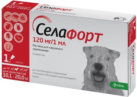 селафорт капли для собак весом от 10,1 до 20 кг против внутренних и внешних паразитов 120 мг (красный колпачок) Krka (1 пипетка)