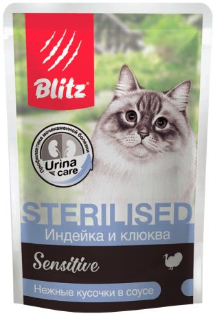 Blitz Sensitive для взрослых кастрированных котов и стерилизованных кошек с индейкой и клюквой в соусе 85 гр (85 гр х 24 шт)