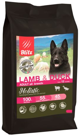 Blitz Holistic Grain Free Adult Lamb & Duck беззерновой для взрослых собак всех пород с ягненком и уткой (12 кг)