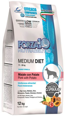 Forza10 Dog Medium Diet Low Grain низкозерновой для взрослых собак средних пород при аллергии со свининой и картофелем (12 кг)