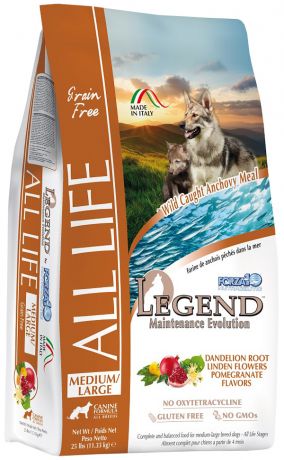 Forza10 Dog Legend Aii Life Medium/large беззерновой для взрослых собак средних и крупных пород с анчоусами (11,33 кг)