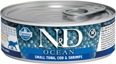 Farmina Cat N&d Ocean Small Tuna, Cod & Shrimps беззерновые для взрослых кошек с тунцом, треской и креветками 80 гр (80 гр х 12 шт)