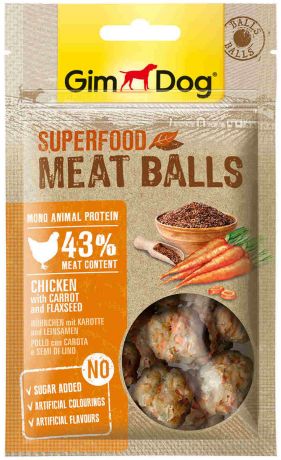 Лакомство GimDog Superfood для собак мясные шарики с курицей, морковью и семенами льна (70 гр)
