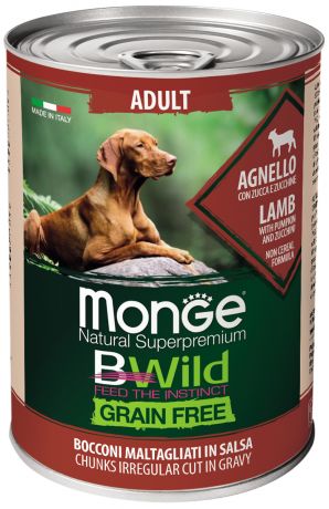 Monge Adult Dog Bwild Grainfree беззерновые для взрослых собак с ягненком, тыквой и кабачками (400 гр х 24 шт)