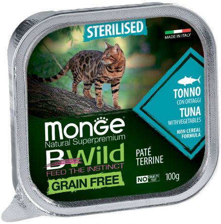 Monge Bwild Sterilised Cat Grain Free беззерновые для взрослых кастрированных котов и стерилизованных кошек с тунцом и овощами 100 гр (100 гр х 32 шт)