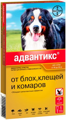 Advantix 600c – Адвантикс капли для собак весом от 40 до 60 кг против клещей, блох, вшей, власоедов и других насекомых (1 пипетка по 6 мл) Bayer (1 уп)