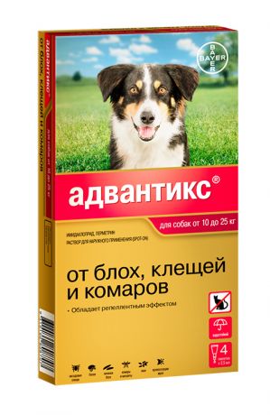 Advantix 250c – Адвантикс капли для собак весом от 10 до 25 кг против клещей, блох, вшей, власоедов и других насекомых (1 пипетка по 2,5 мл) Bayer (1 уп)