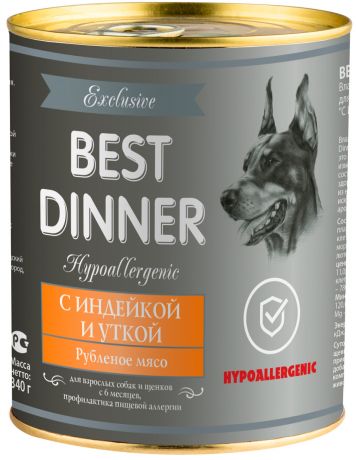 Best Dinner Exclusive Hypoallergenic для собак и щенков при пищевой аллергии с индейкой и уткой 340 гр (340 гр х 12 шт)