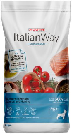 Italian Way Dog Adult Mini Hypoallergenic безглютеновый гипоаллергенный для взрослых собак маленьких пород с чувствительной кожей с лососем и сельдью (8 кг)