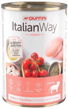 Italian Way Junior безглютеновые для щенков всех пород с мясным ассорти, томатами и рисом (150 гр х 24 шт)