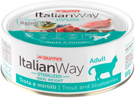 Italian Way Cat Adult Sterilized Ideal Weight безглютеновые диетические для взрослых кастрированных котов и стерилизованных кошек с форелью и черникой 80 гр (80 гр х 24 шт)