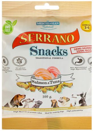 Лакомство Serrano Snacks для взрослых собак всех пород снеки с лососем и тунцом 100 гр (1 шт)