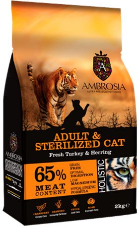 Ambrosia Cat Adult & Sterilized Fresh Turkey & Herring беззерновой для взрослых кастрированных котов и стерилизованных кошек с индейкой и сельдью (2 кг)