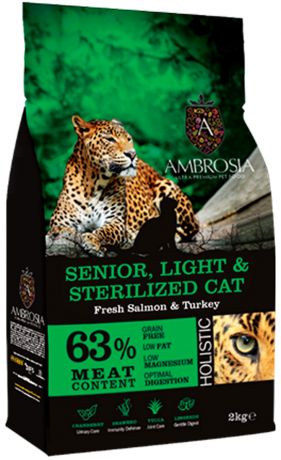 Ambrosia Cat Senior, Light & Sterilized Fresh Salmon & Turkey беззерновой диетический для пожилых, кастрированных котов и стерилизованных кошек с лососем и индейкой (2 кг)