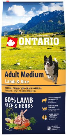 Ontario Dog Adult Medium Lamb & Rice низкозерновой для взрослых собак средних пород с ягненком и рисом (12 + 12 кг)
