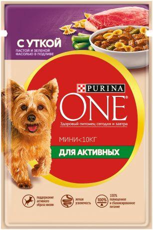 Purina One мини активная для взрослых собак маленьких пород с уткой, пастой и зеленой фасолью в подливе 85 гр (85 гр х 26 шт)