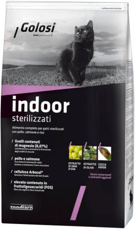 Golosi Indoor Sterilizzati для взрослых кастрированных котов и стерилизованных кошек живущих дома с курицей, лососем и рисом (20 кг)