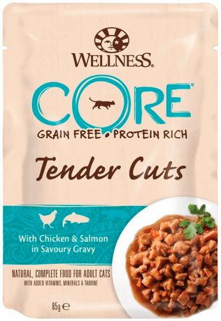 Wellness Core Cat Tender Cuts для взрослых кошек с нежными кусочками курицы и лосося в соусе 85 гр (85 гр х 24 шт)