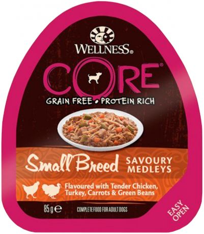 Wellness Core Dog для взрослых собак маленьких пород попурри с курицей, индейкой, морковью и фасолью 85 гр (85 гр х 12 шт)