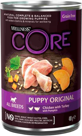 Wellness Core Dog беззерновые для щенков с курицей, индейкой и тыквой 400 гр (400 гр х 6 шт)