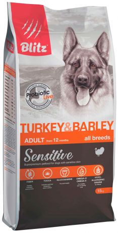 Blitz Adult All Breeds Sensitive Turkey & Barley для взрослых собак всех пород с индейкой и ячменем (2 + 2 кг)