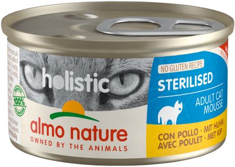 Almo Nature Cat Holistic Sterilised безглютеновые для взрослых кастрированных котов и стерилизованных кошек мусс с цыпленком 85 гр (85 гр х 24 шт)