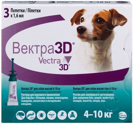 вектра 3d - капли для собак против клещей, блох и комаров от 4 до 10 кг Ceva (1 пипетка)