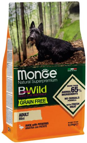 Monge Bwild Dog Adult Mini Grain Free беззерновой для взрослых собак маленьких пород с уткой и картофелем (2,5 + 2,5 кг)