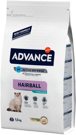 Advance Sterilized Hairball Turkey & Barley для взрослых кастрированных котов и стерилизованных кошек для вывода шерсти с индейкой и ячменем (1,5 кг)