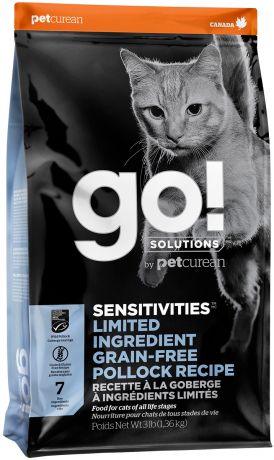 Go! Solutions Sensitivities беззерновой для кошек и котят с чувствительным пищеварением с минтаем (1,36 кг)