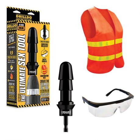 Комплект для секс-дрели Drilldo: бит-адаптер, очки, жилет - черный с оранжевым