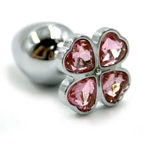 Маленькая алюминиевая анальная пробка Kanikule Small с кристаллом в форме четырехлистного клевера – серебристый со светло-розовым