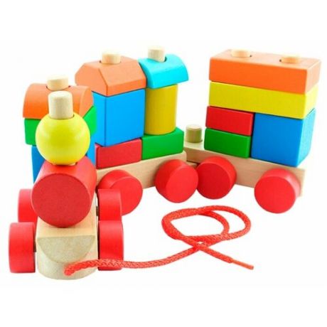 Каталка-игрушка Мир деревянных игрушек Конструктор-Паровозик (Д018) красный/оранжевый/синий/желтый/зеленый