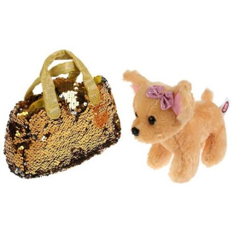 Мягкая игрушка Мой питомец Собака в сумочке из пайеток золото 15 см