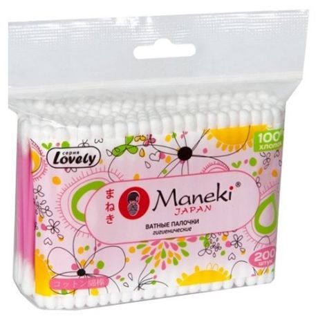 Ватные палочки Maneki Lovely с розовым пластиковым стиком (CB920) 200 шт. пакет