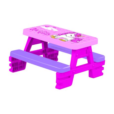 Комплект Dolu стол + 2 скамьи Пикник единорога 77x71 см розовый/фиолетовый