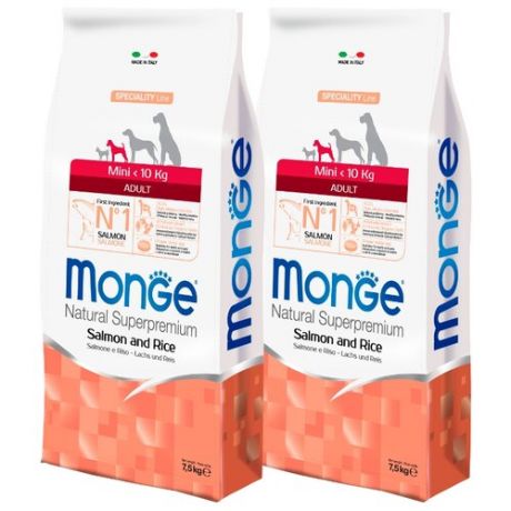 Сухой корм для собак Monge Speciality line для здоровья кожи и шерсти, лосось с рисом 2шт. х 7.5 кг (для мелких пород)
