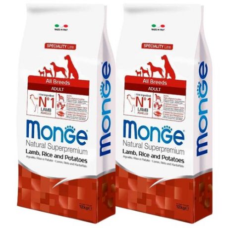 Сухой корм для собак Monge Speciality line для здоровья кожи и шерсти, ягненок с рисом, с картофелем 2шт. х 12 кг
