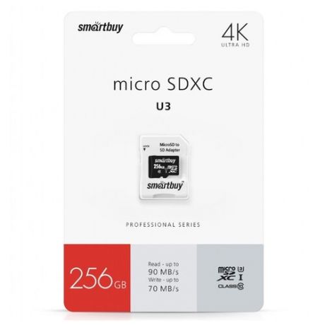 Карта памяти SmartBuy Professional microSDXC Class 10 UHS-I U3 256GB + SD adapter черный