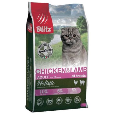 Корм для кошек Blitz при чувствительном пищеварении, с курицей, с ягненком и с рисом 1.5 кг
