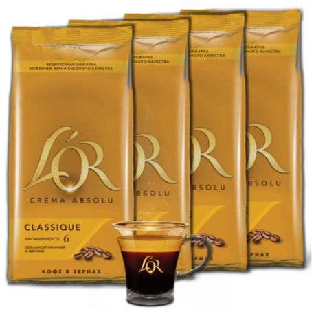 Кофе в зернах L’OR Crema Absolu Classique, арабика/робуста, 4 уп. по 1000 г