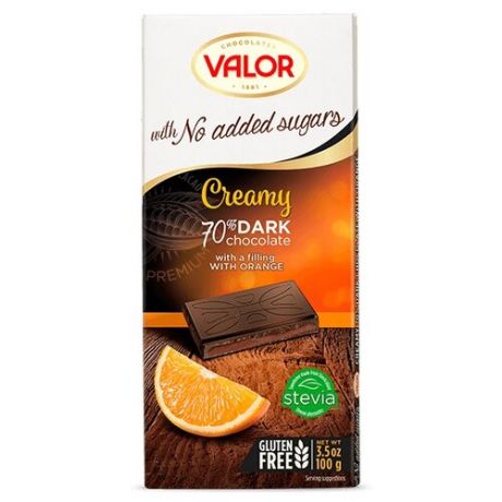 Шоколад Valor горький без сахара с апельсиновой начинкой, 100 г