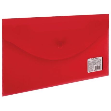BRAUBERG Папка-конверт с кнопкой 250х135 мм, прозрачный пластик красный