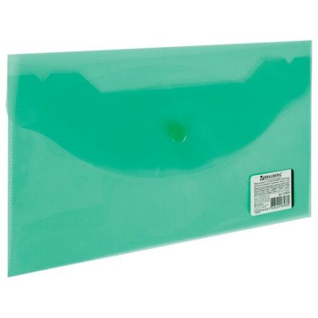 BRAUBERG Папка-конверт с кнопкой 250х135 мм, прозрачный пластик зеленый