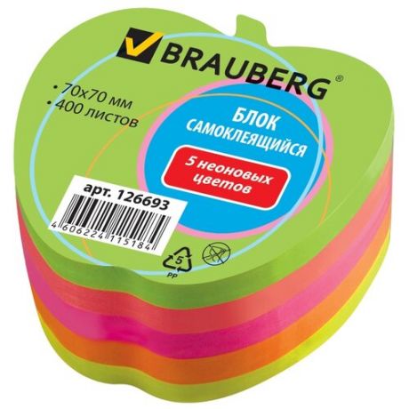 BRAUBERG блок самоклеящийся Неоновый в форме яблока, 70х70 мм, 400 листов, отверстие для ручки (126693) разноцветный
